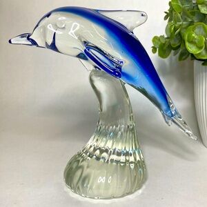 Colbalt blue Hand Blown Glass Dolphin Figurine Paperweight Murano Style